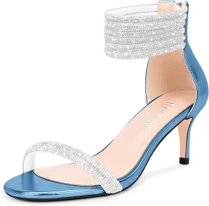 100FIXEO Rhinestone Embellishment Stiletto Heels Sandals Open Toe Ankle Strap Wedding Dress Shoes