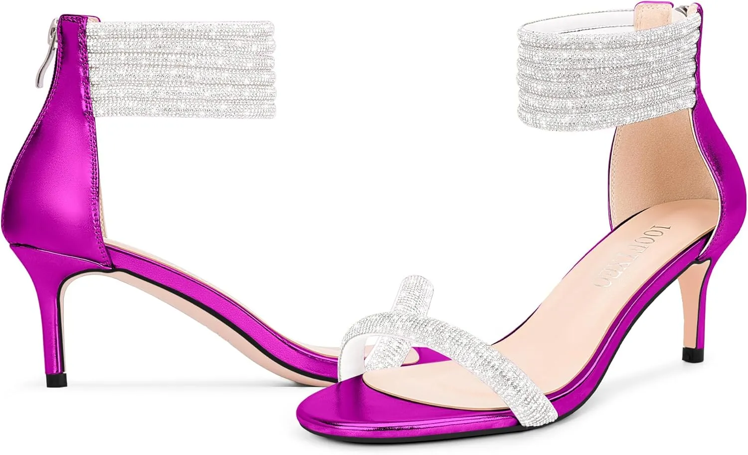 100FIXEO Rhinestone Embellishment Stiletto Heels Sandals Open Toe Ankle Strap Wedding Dress Shoes