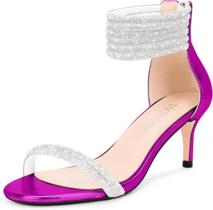 100FIXEO Rhinestone Embellishment Stiletto Heels Sandals Open Toe Ankle Strap Wedding Dress Shoes