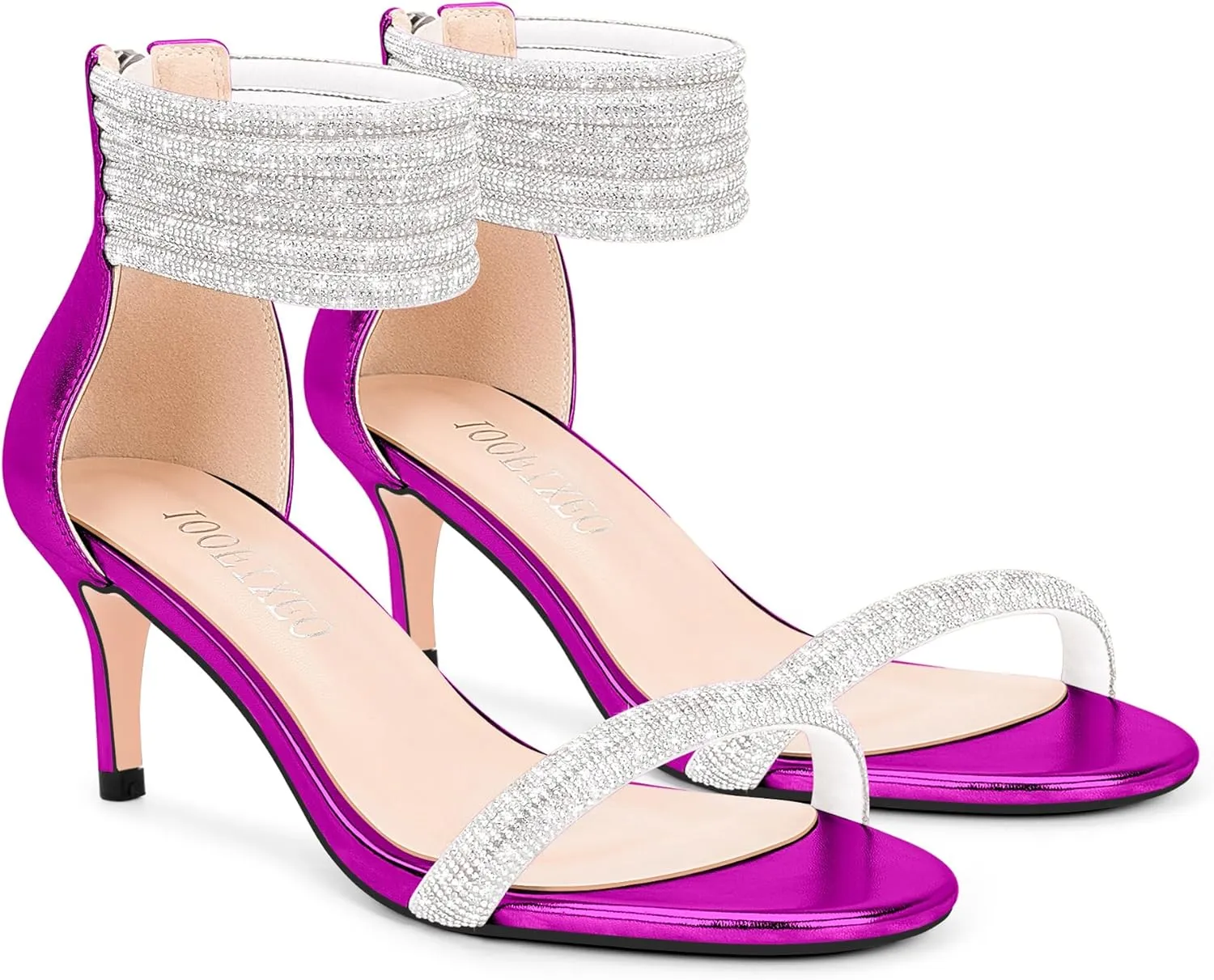 100FIXEO Rhinestone Embellishment Stiletto Heels Sandals Open Toe Ankle Strap Wedding Dress Shoes