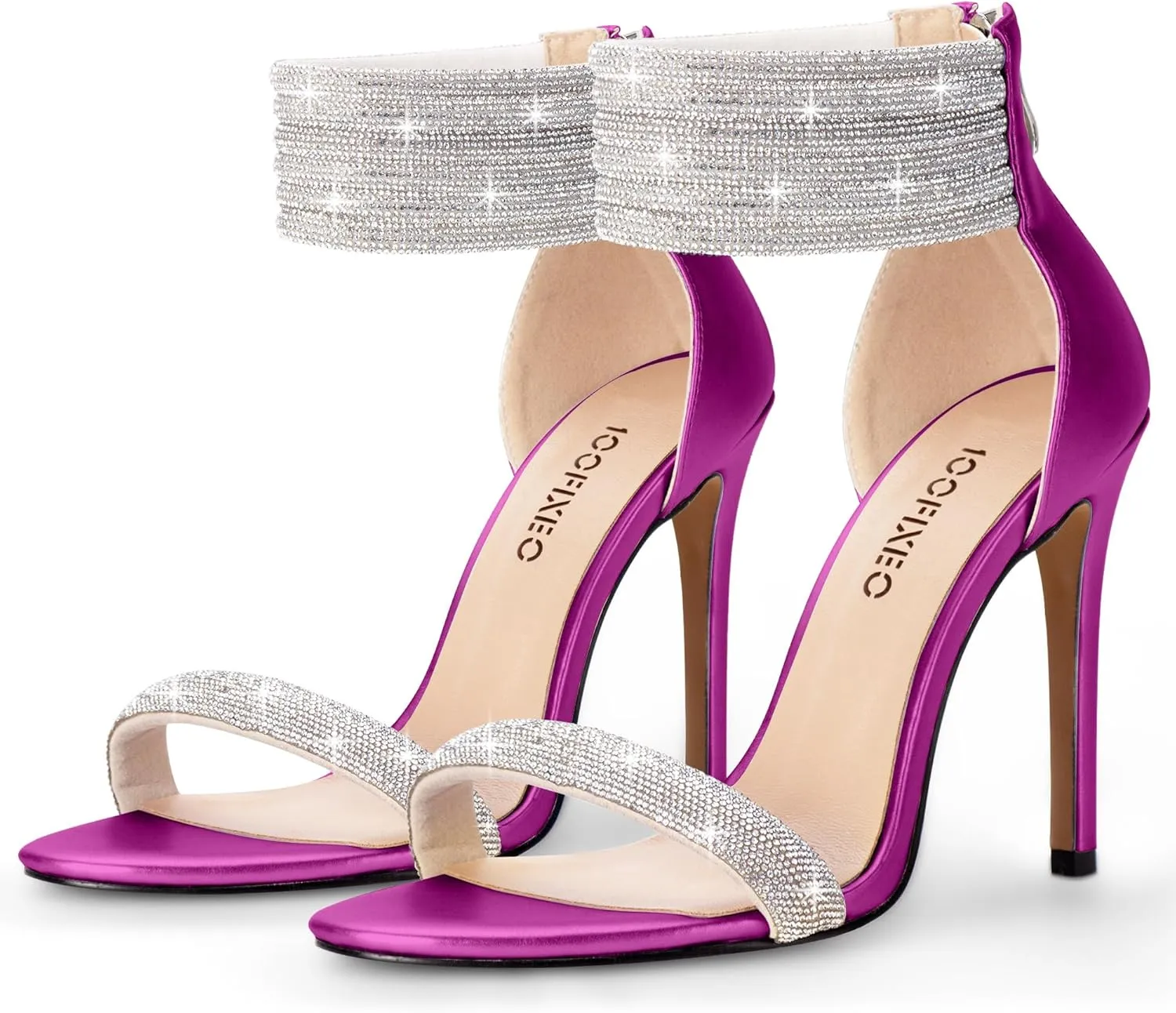 100FIXEO Sexy High Heeled Rhinestone Sandals Elegant Open Toe ankle strap Stiletto Heel Wedding Dress Shoes