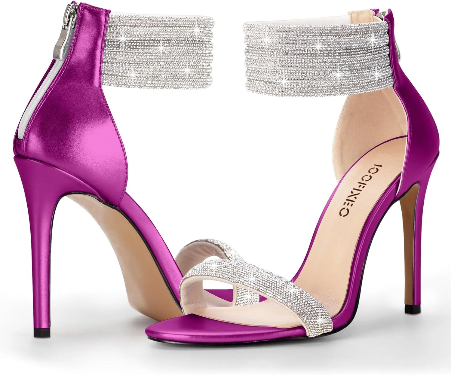 100FIXEO Sexy High Heeled Rhinestone Sandals Elegant Open Toe ankle strap Stiletto Heel Wedding Dress Shoes