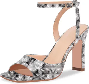 100FIXEO Women's Open Toe Ankle Strap Block Heel Sandals Stylish Comfortable Patent Leather High Heels for Party Daily Wear