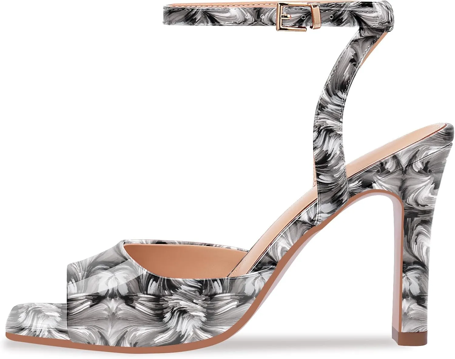 100FIXEO Women's Open Toe Ankle Strap Block Heel Sandals Stylish Comfortable Patent Leather High Heels for Party Daily Wear