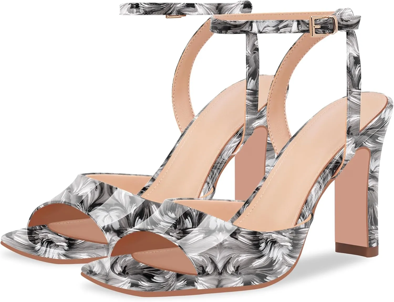 100FIXEO Women's Open Toe Ankle Strap Block Heel Sandals Stylish Comfortable Patent Leather High Heels for Party Daily Wear