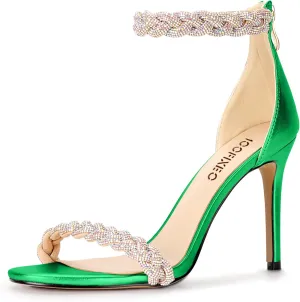 100FIXEO Women's Rhinestone Open Toe Stiletto Heeled Sandals Elegant Ankle Strap Wedding High Heels Sexy Dressy Shoes