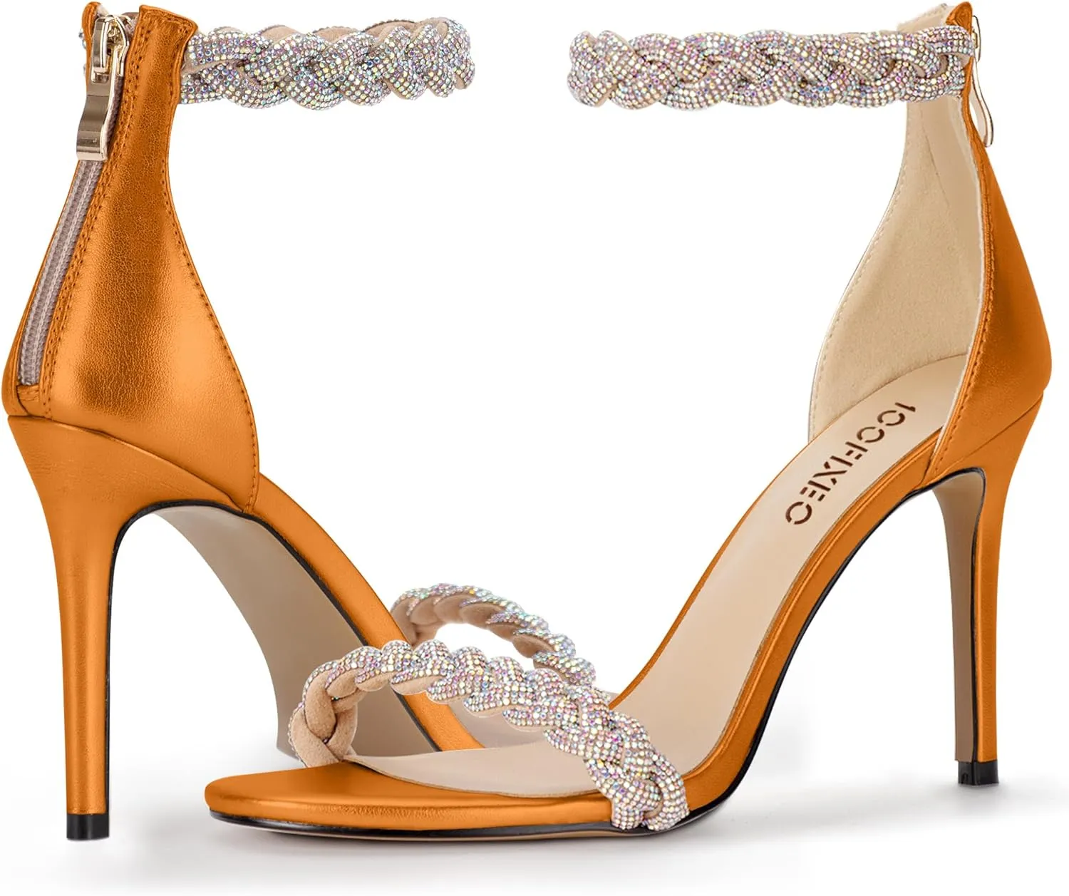 100FIXEO Women's Rhinestone Open Toe Stiletto Heeled Sandals Elegant Ankle Strap Wedding High Heels Sexy Dressy Shoes