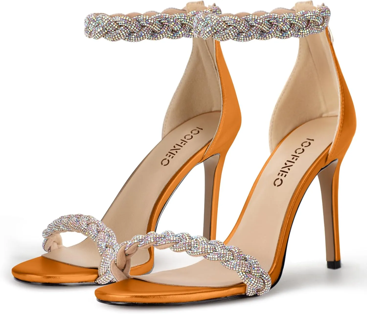 100FIXEO Women's Rhinestone Open Toe Stiletto Heeled Sandals Elegant Ankle Strap Wedding High Heels Sexy Dressy Shoes