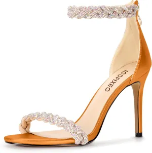 100FIXEO Women's Rhinestone Open Toe Stiletto Heeled Sandals Elegant Ankle Strap Wedding High Heels Sexy Dressy Shoes