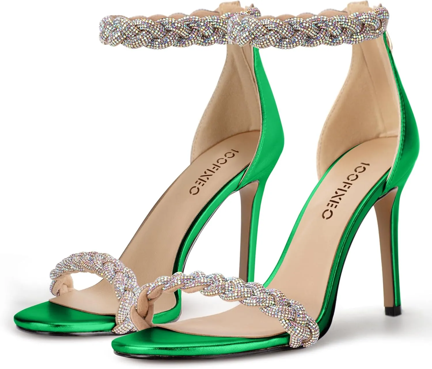 100FIXEO Women's Rhinestone Open Toe Stiletto Heeled Sandals Elegant Ankle Strap Wedding High Heels Sexy Dressy Shoes