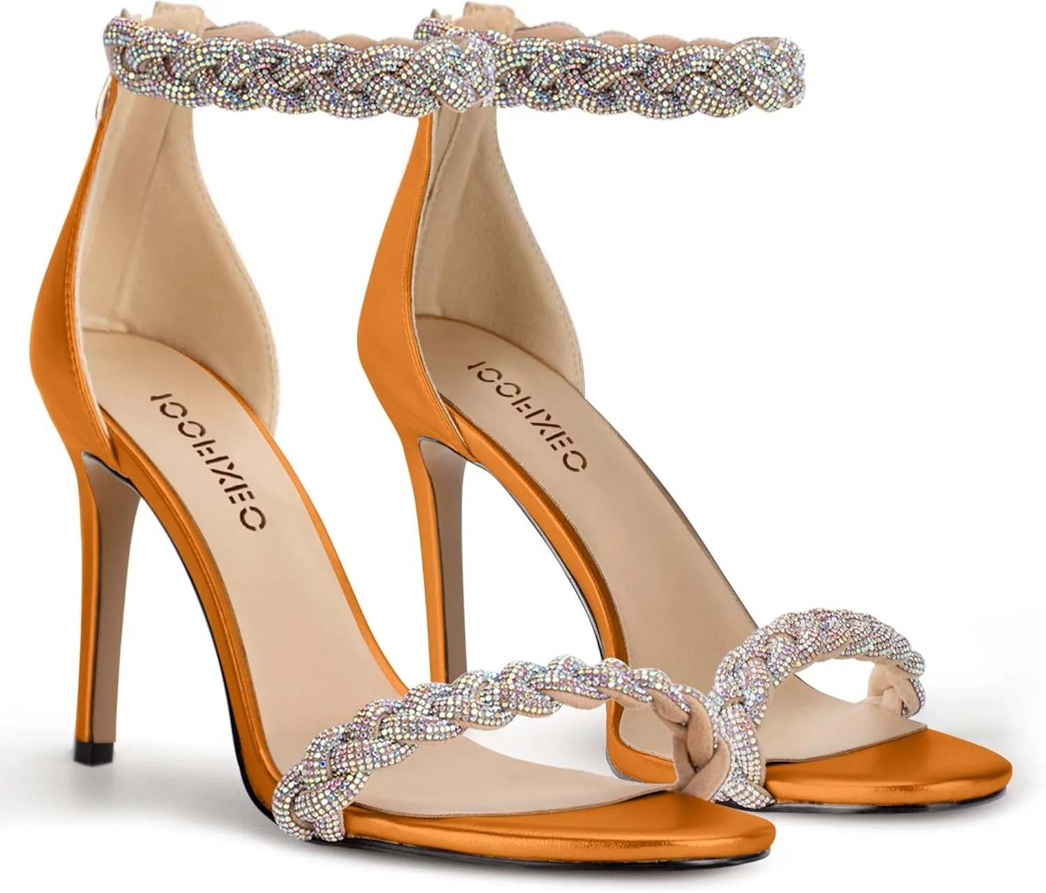 100FIXEO Women's Rhinestone Open Toe Stiletto Heeled Sandals Elegant Ankle Strap Wedding High Heels Sexy Dressy Shoes