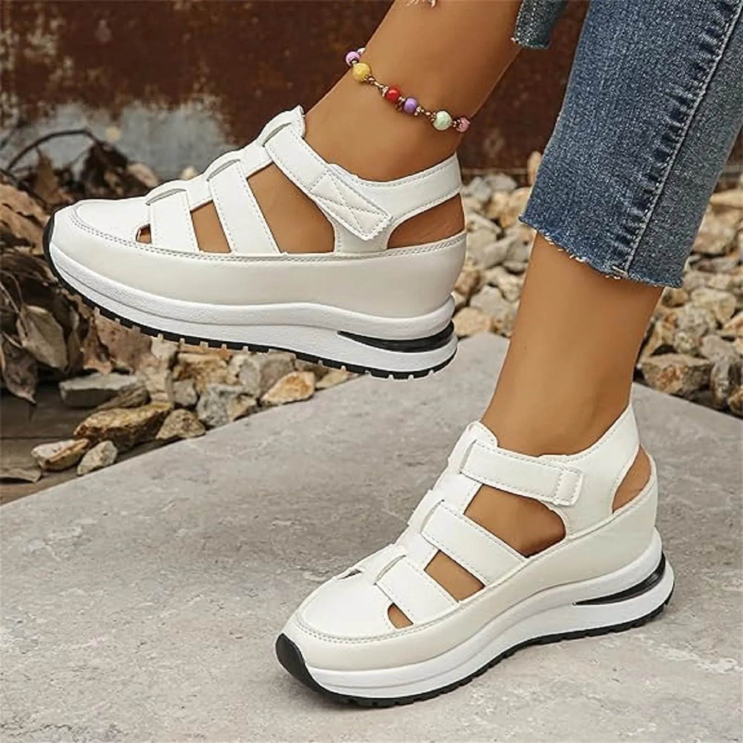 2024 New Women's Hollow Out Breathable Platform Wedge Sandals Sneakers Leather Closed Toe Comfortable Casual Stylish Sandals Casual Stylish Roman Sandals