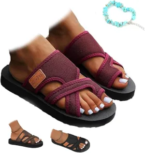 2024women's Hollow Mesh Slide Sandals, Breathable Mesh Slide Sandals for Women, Loop Toe (Burgundy,42)