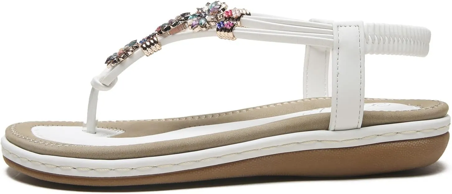 2025 Fashion T-Strap Boho Sandals Summer Rhinestones Strappy Thong Flats Beach Holiday Sandal Footwear Walking Shoes