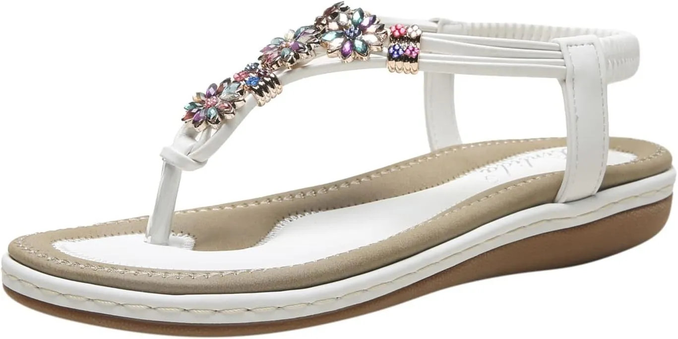 2025 Fashion T-Strap Boho Sandals Summer Rhinestones Strappy Thong Flats Beach Holiday Sandal Footwear Walking Shoes