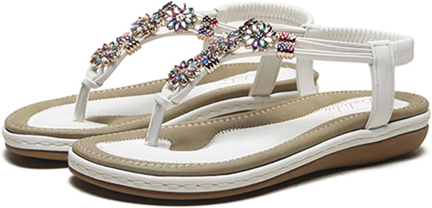 2025 Fashion T-Strap Boho Sandals Summer Rhinestones Strappy Thong Flats Beach Holiday Sandal Footwear Walking Shoes