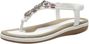 2025 Fashion T-Strap Boho Sandals Summer Rhinestones Strappy Thong Flats Beach Holiday Sandal Footwear Walking Shoes