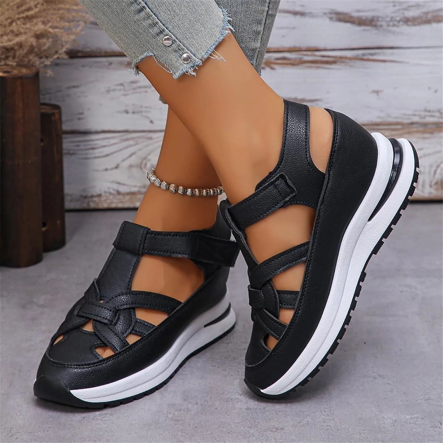 2025 New Women's Hollow Out Breathable Platform Wedge Sandals, Casual Stylish Roman Sandal, Stylish Leather Closed Toe Roman Shoes Adjustable Strap