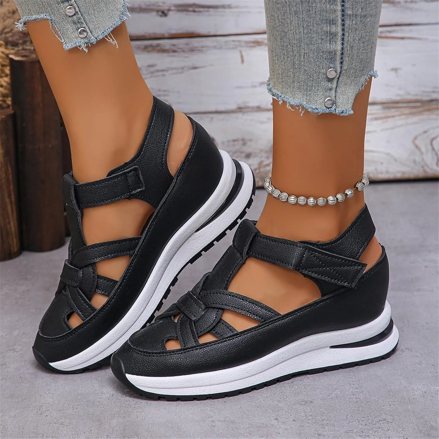 2025 New Women's Hollow Out Breathable Platform Wedge Sandals, Casual Stylish Roman Sandal, Stylish Leather Closed Toe Roman Shoes Adjustable Strap