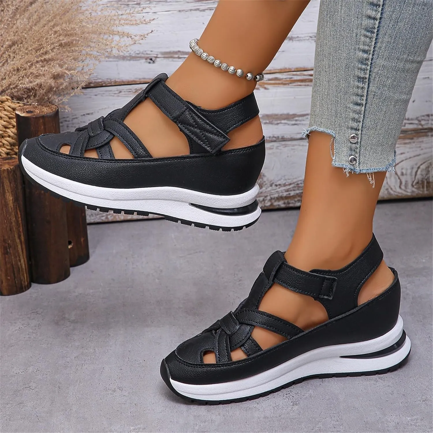 2025 New Women's Hollow Out Breathable Platform Wedge Sandals, Casual Stylish Roman Sandal, Stylish Leather Closed Toe Roman Shoes Adjustable Strap