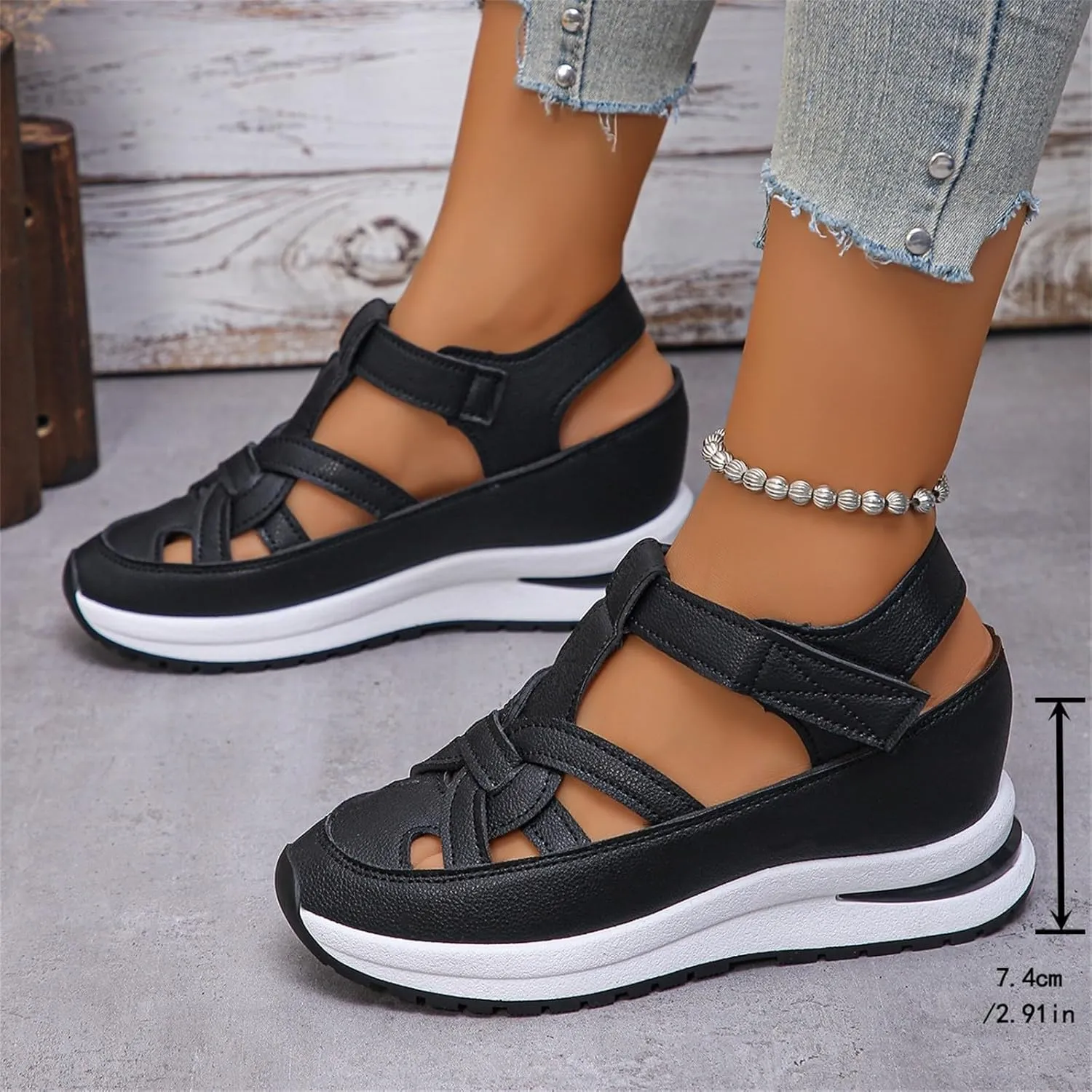 2025 New Women's Hollow Out Breathable Platform Wedge Sandals, Casual Stylish Roman Sandal, Stylish Leather Closed Toe Roman Shoes Adjustable Strap