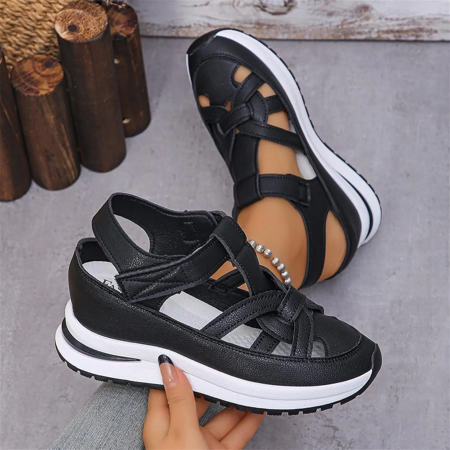 2025 New Women's Hollow Out Breathable Platform Wedge Sandals, Casual Stylish Roman Sandal, Stylish Leather Closed Toe Roman Shoes Adjustable Strap