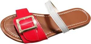 2025 Trendy Women's Flat Sandals Stylish Buckle Strap Slip On Slides Summer Beach Slippers Comfort Casual Sandal