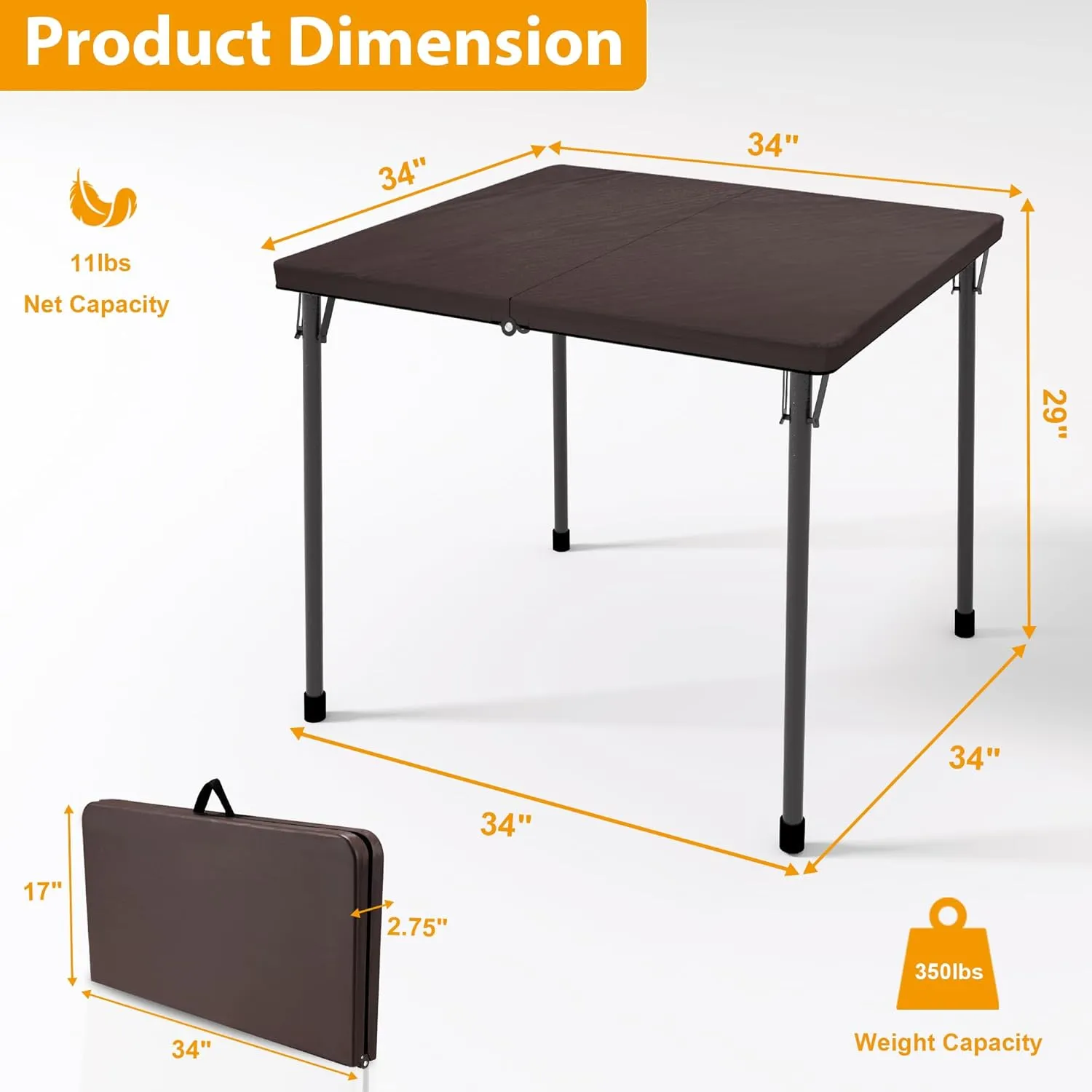 34" Folding Table, Portable Square Folding Card Table with Collapsible Legs & Carrying Handle, Plastic Tables for Camping,Picnic, Office, Party, Brown