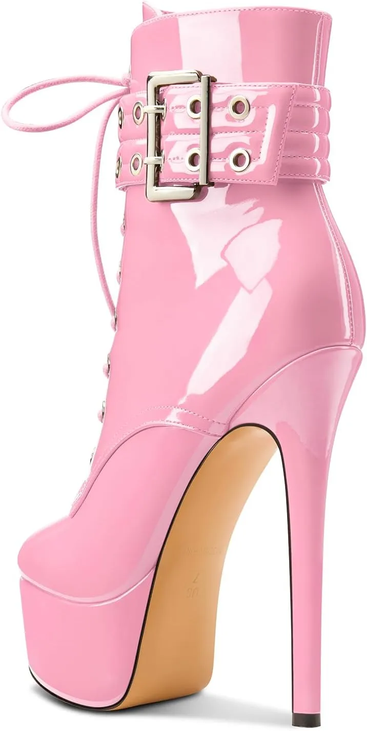 Aachcol Womens Stiletto High Heel Platform Ankle Boots Round Toe Lace-up Zipper Mid Calf Buckle Patent Leather Dress Booties