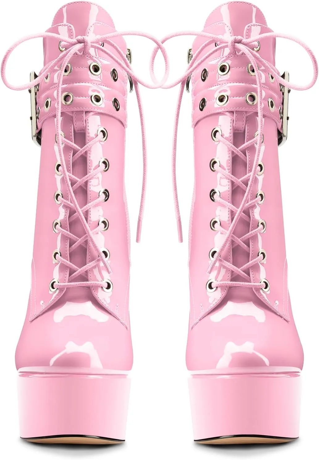 Aachcol Womens Stiletto High Heel Platform Ankle Boots Round Toe Lace-up Zipper Mid Calf Buckle Patent Leather Dress Booties