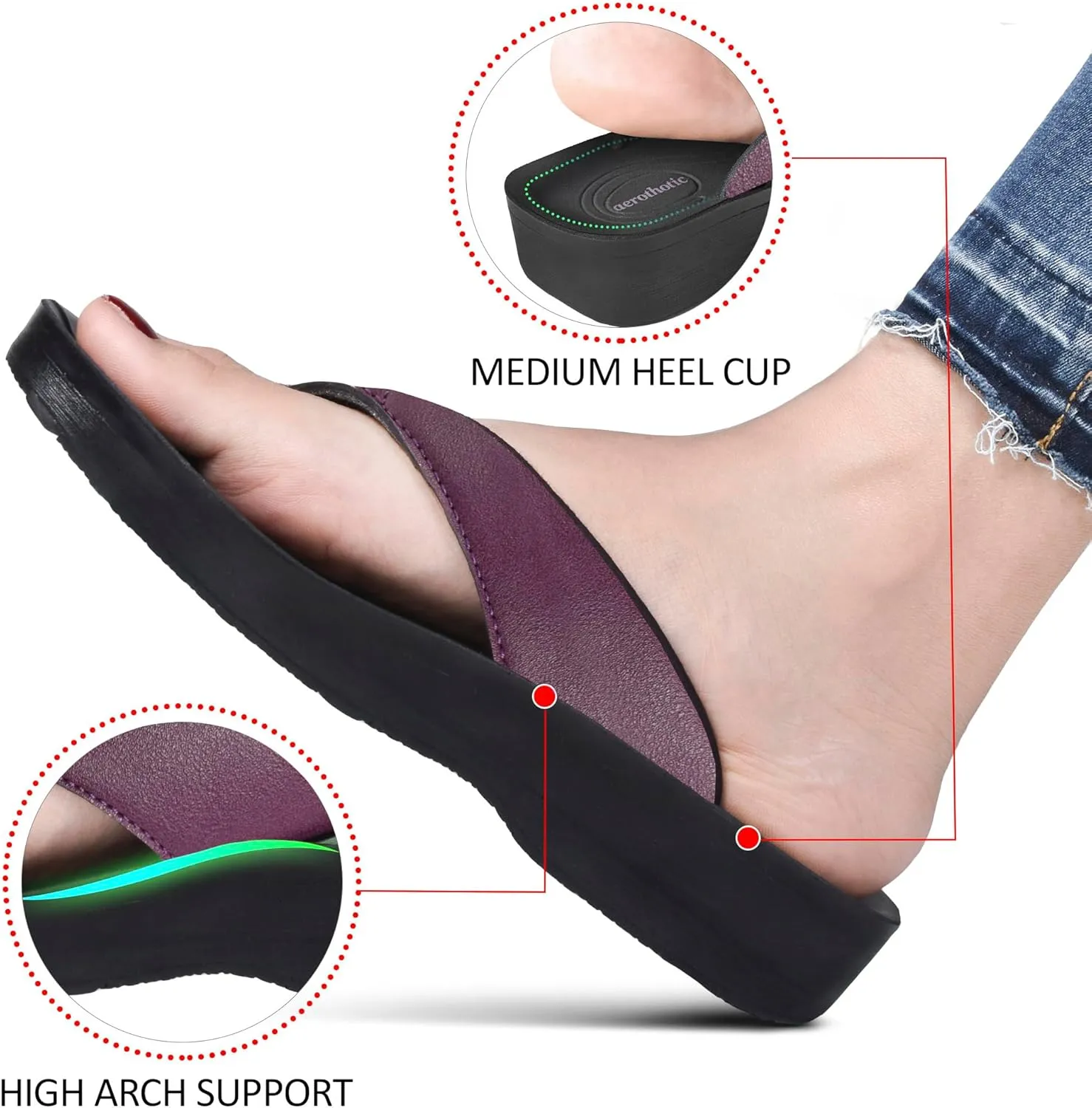 AEROTHOTIC Arch Support Flip Flops for women Stylish Cushioned Padded Straps with Soft Toe Post Slip on Footwear Dressy Travel Recovery Outdoor Comfortable Walking Women Sandals