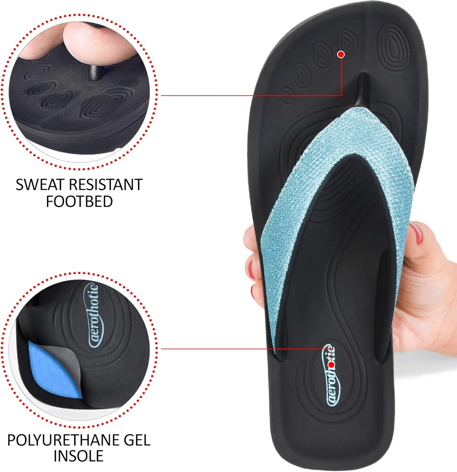 AEROTHOTIC Comfy Open Toe Arch Support Flip Flops for Women Cushion Padded Stylish Straps Dressy Sandals Walking Travel Beach Wear