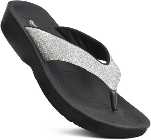 AEROTHOTIC Comfy Open Toe Arch Support Flip Flops for Women Cushion Padded Stylish Straps Dressy Sandals Walking Travel Beach Wear