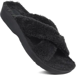 AEROTHOTIC Soft Fuzzy Slippers Outdoor and Indoor with Non-Slip Sole Stylish Straps Comfortable Womens Slippers Open Toe Home Travel Vacation Wear