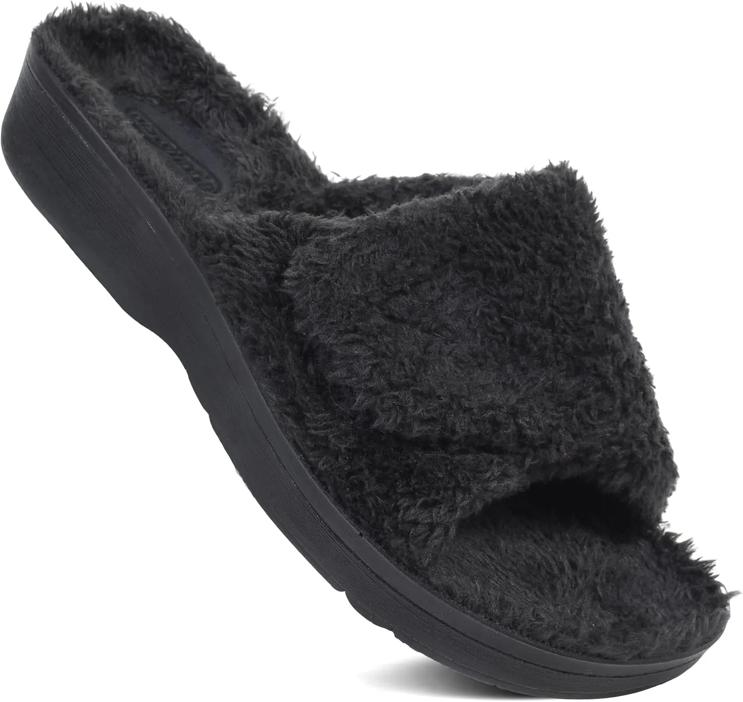 AEROTHOTIC Soft Fuzzy Slippers Outdoor and Indoor with Non-Slip Sole Stylish Straps Comfortable Womens Slippers Open Toe Home Travel Vacation Wear