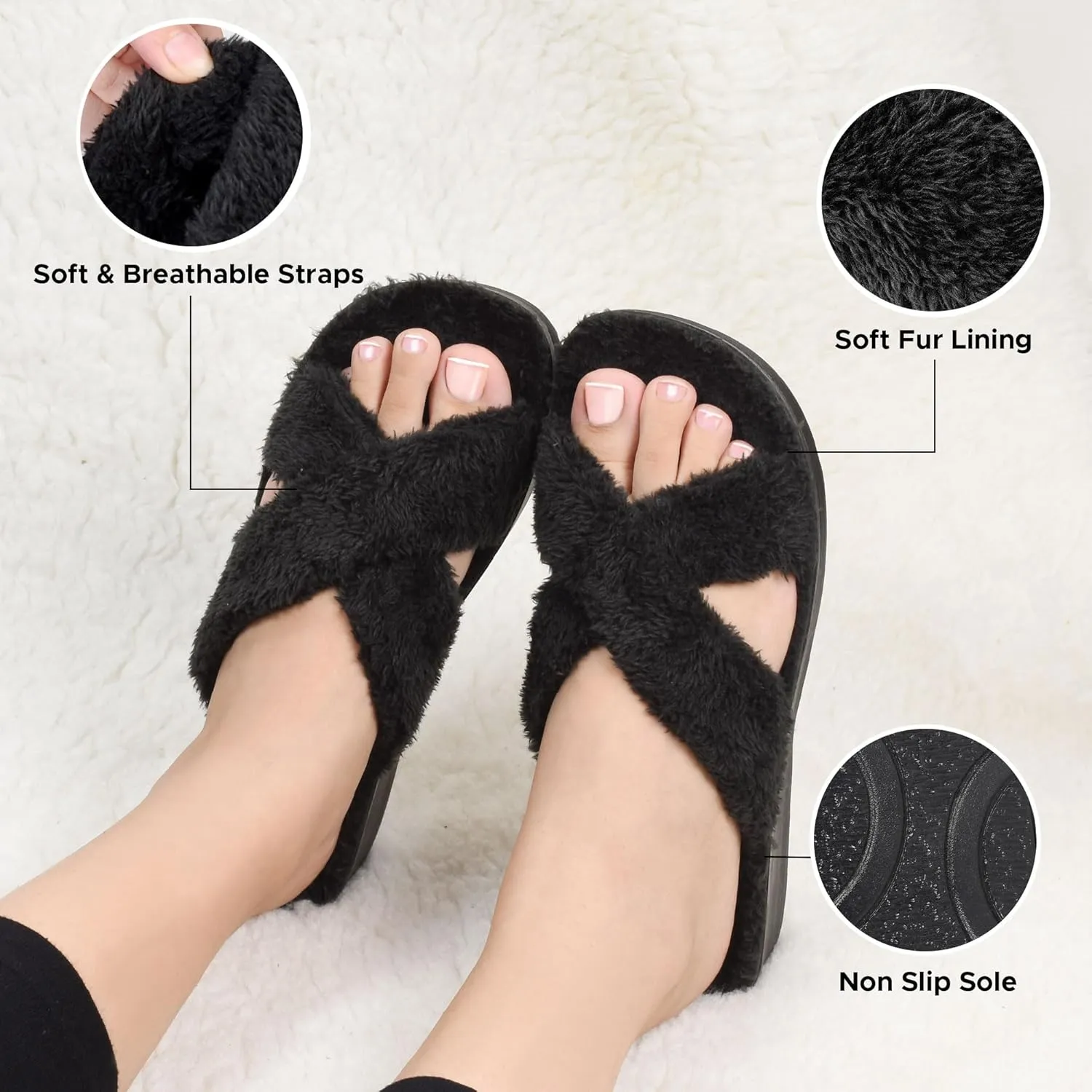 AEROTHOTIC Soft Fuzzy Slippers Outdoor and Indoor with Non-Slip Sole Stylish Straps Comfortable Womens Slippers Open Toe Home Travel Vacation Wear
