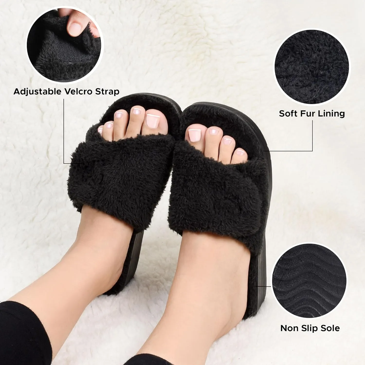 AEROTHOTIC Soft Fuzzy Slippers Outdoor and Indoor with Non-Slip Sole Stylish Straps Comfortable Womens Slippers Open Toe Home Travel Vacation Wear