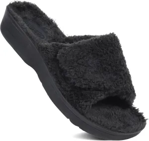 AEROTHOTIC Soft Fuzzy Slippers Outdoor and Indoor with Non-Slip Sole Stylish Straps Comfortable Womens Slippers Open Toe Home Travel Vacation Wear