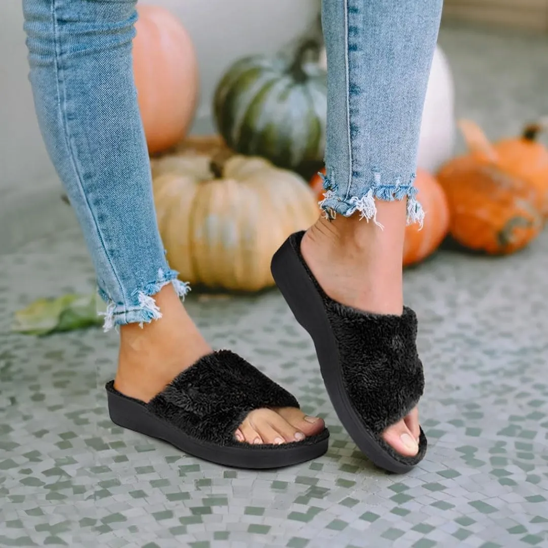 AEROTHOTIC Soft Fuzzy Slippers Outdoor and Indoor with Non-Slip Sole Stylish Straps Comfortable Womens Slippers Open Toe Home Travel Vacation Wear