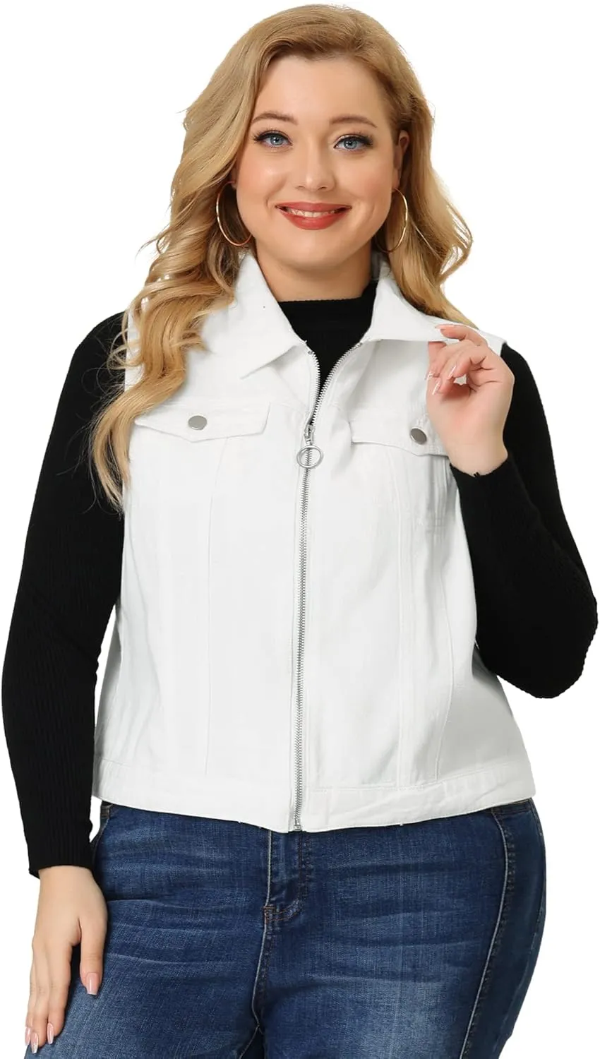 Agnes Orinda Plus Size Denim Vest for Women Sleeveless Zip Up Button Down Waistcoat Jeans Jackets Vests