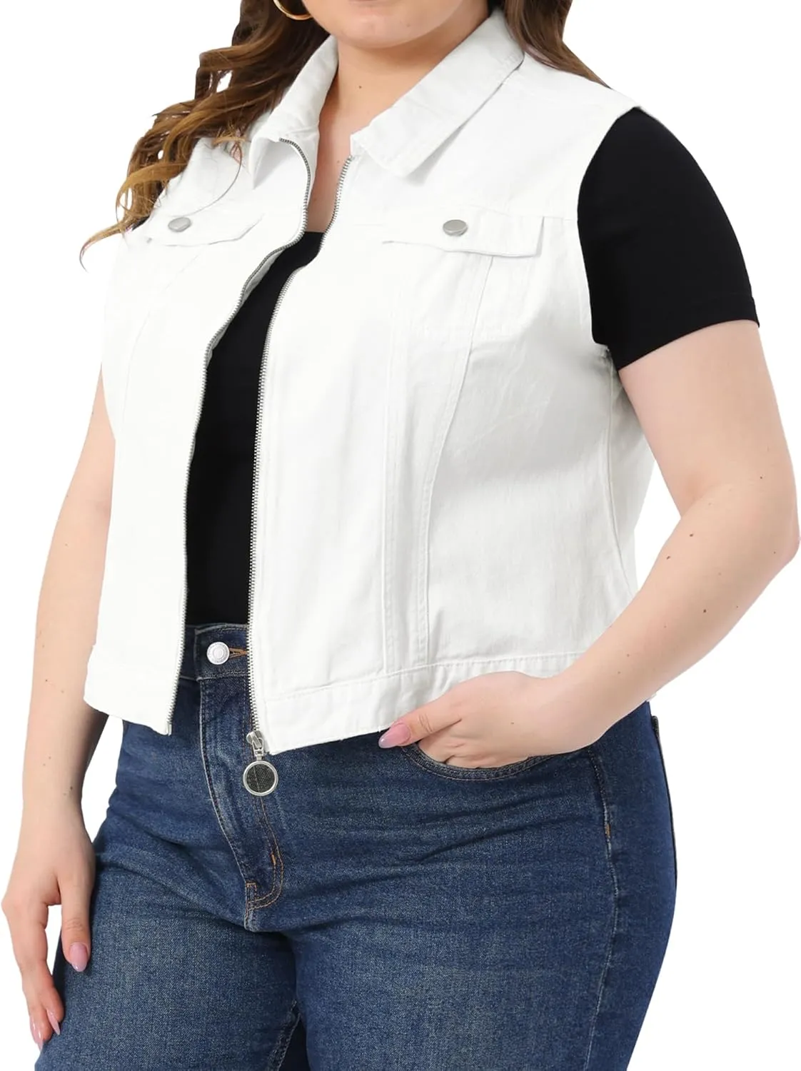 Agnes Orinda Plus Size Denim Vest for Women Sleeveless Zip Up Button Down Waistcoat Jeans Jackets Vests