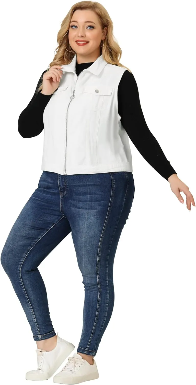 Agnes Orinda Plus Size Denim Vest for Women Sleeveless Zip Up Button Down Waistcoat Jeans Jackets Vests