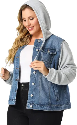 Agnes Orinda Women's Plus Size Denim Jacket with Hood Long Sleeve Western Outfit Casual Hoodie Jean Jackets