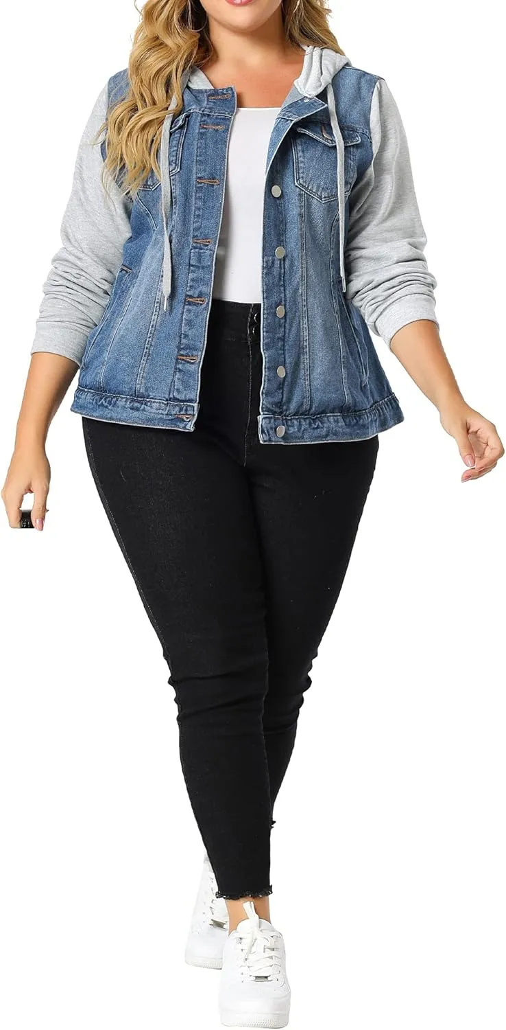 Agnes Orinda Women's Plus Size Denim Jacket with Hood Long Sleeve Western Outfit Casual Hoodie Jean Jackets