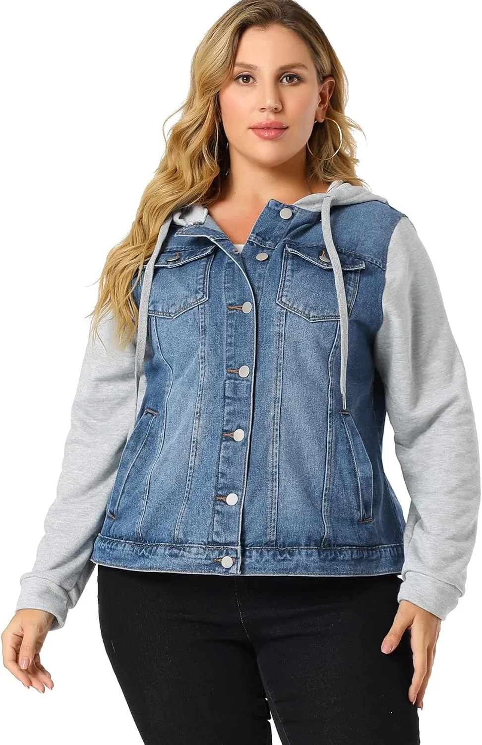 Agnes Orinda Women's Plus Size Denim Jacket with Hood Long Sleeve Western Outfit Casual Hoodie Jean Jackets