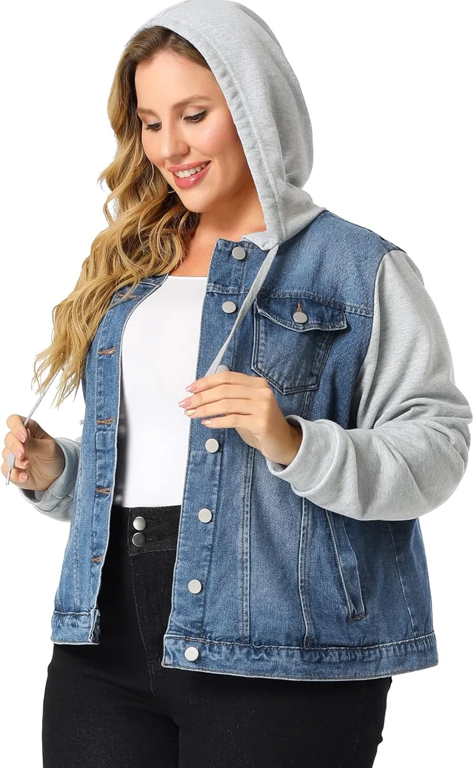 Agnes Orinda Women's Plus Size Denim Jacket with Hood Long Sleeve Western Outfit Casual Hoodie Jean Jackets