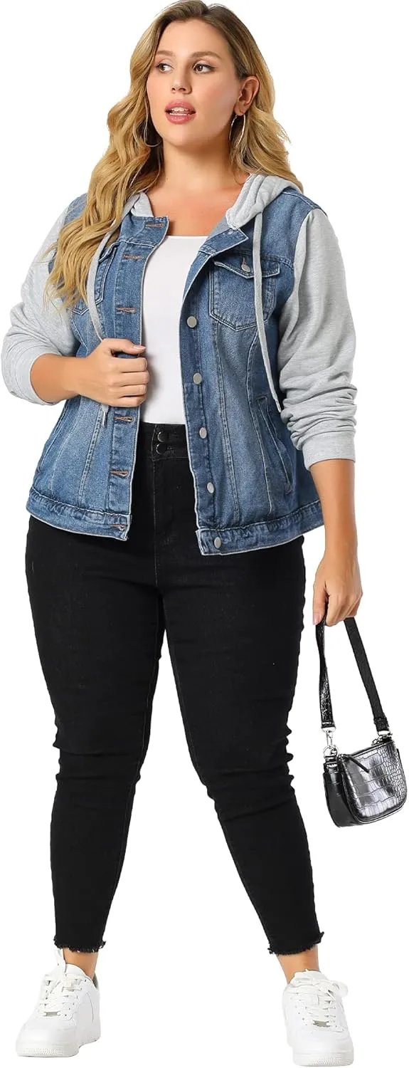 Agnes Orinda Women's Plus Size Denim Jacket with Hood Long Sleeve Western Outfit Casual Hoodie Jean Jackets