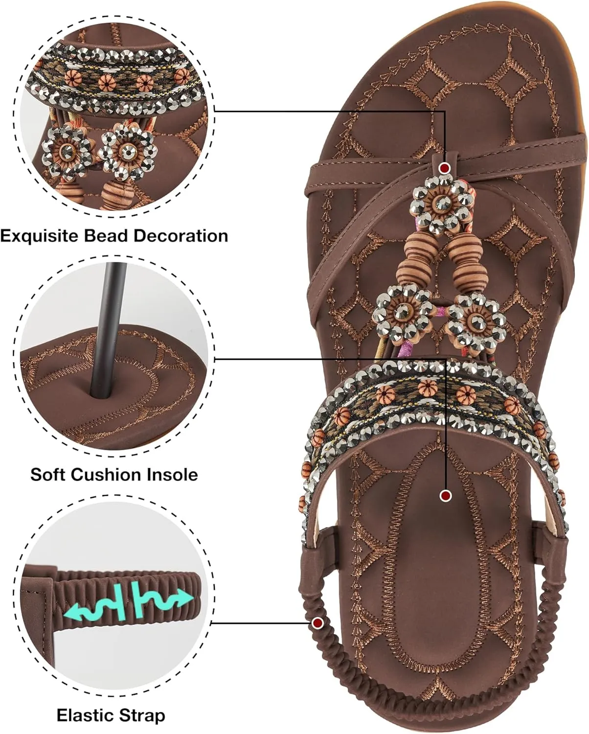 Alicegana Womens Sandals Dressy Summer: Comfortable Bohemian Flats Elastic Ankle Strap Walking Beach Shoes