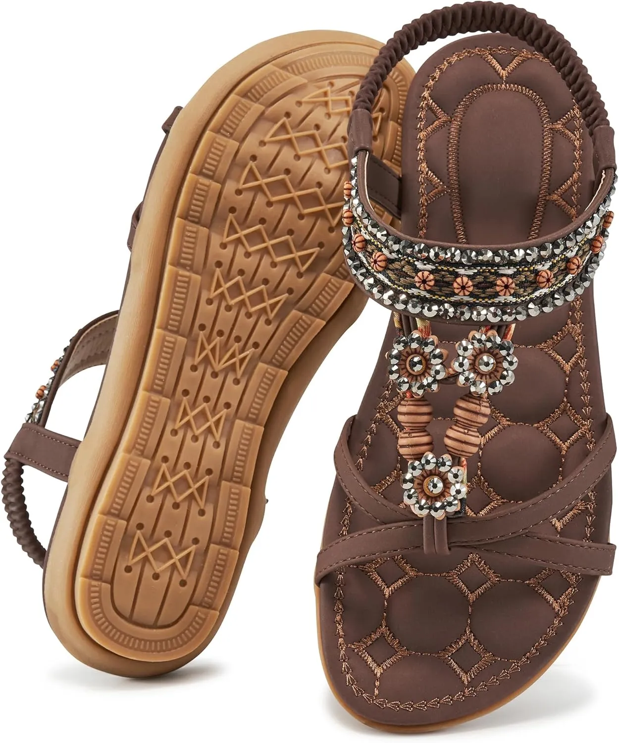 Alicegana Womens Sandals Dressy Summer: Comfortable Bohemian Flats Elastic Ankle Strap Walking Beach Shoes