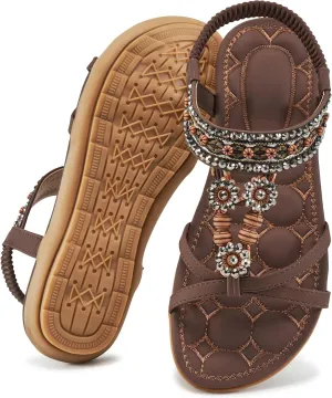 Alicegana Womens Sandals Dressy Summer: Comfortable Bohemian Flats Elastic Ankle Strap Walking Beach Shoes